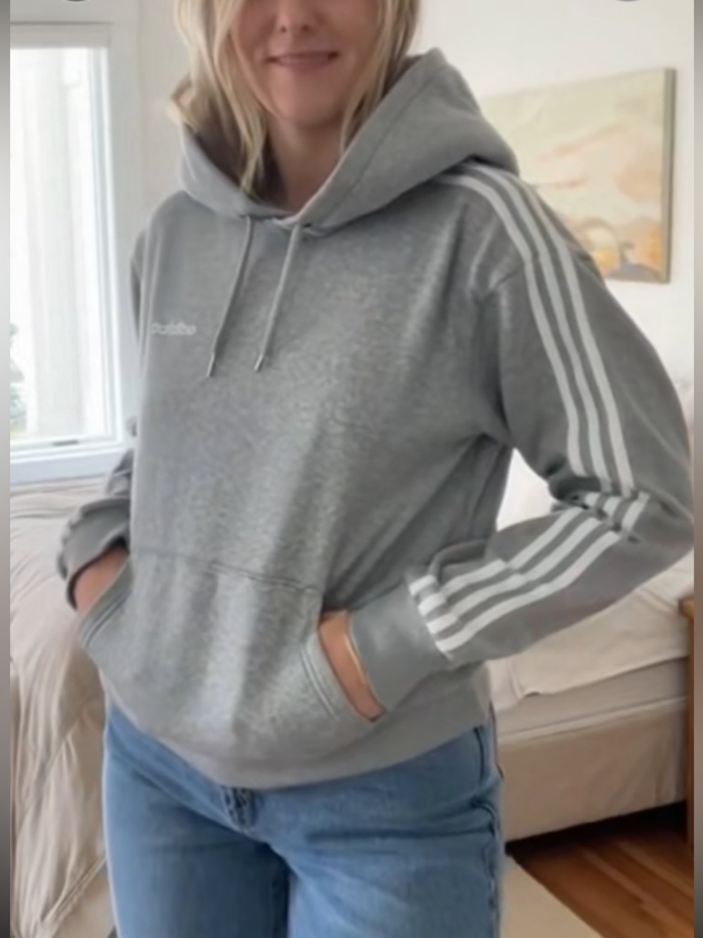 Adidas Grey with white tri stripe hoodie